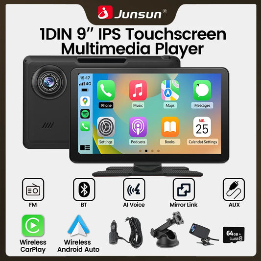 Junsun 9-inch Car DVR 4K Dash Cam Wireless CarPlay for Apple Android Auto Dual Lens Video Recorder Dashboard Monitor FM BT AUX