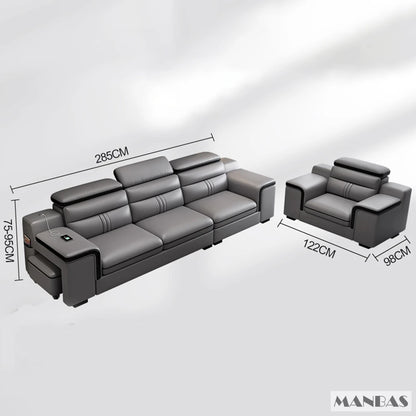 MINGDIBAO Leather Sectional Sofa Set with Cup Holder, USB, Adjustable Headrests & Bluetooth Speaker Living Room Couch with Stool