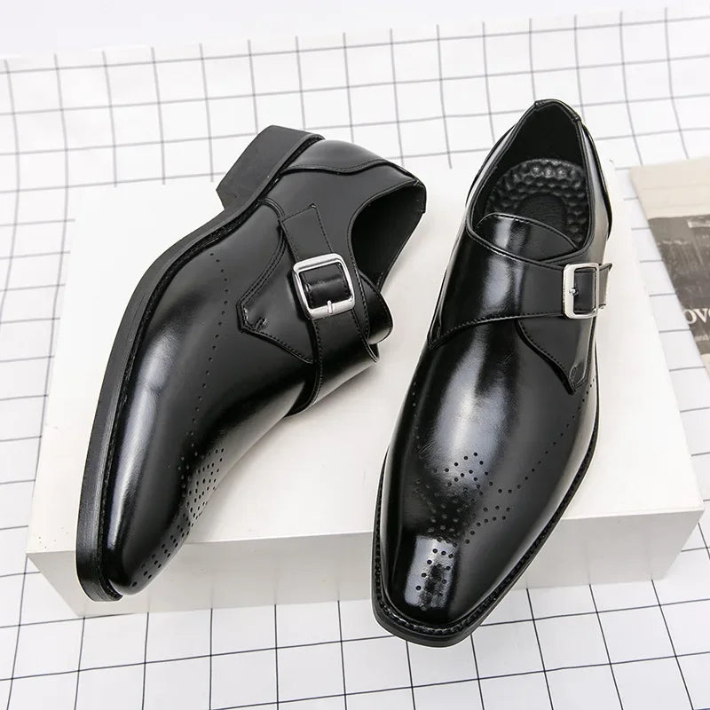Large Size 48 Men's Leather Shoes with Buckle, Block Carving, Slip-On, Square Toe, Board Shoes, Trendy Adult Footwear