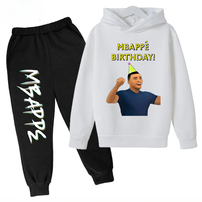 Conjunto de sudadera con capucha para niños, conjunto de sudadera y pantalones con estampado de Mbappe, ropa deportiva de 2 piezas para niños y niñas, primavera y otoño