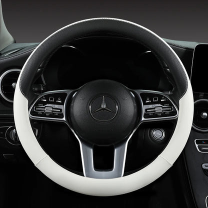 Perforated Nappa Leather Car Steering Wheel Cover Warm in Winter and Cool in Summer, Universal 15 Inch,  Anti-Slip, Odorless