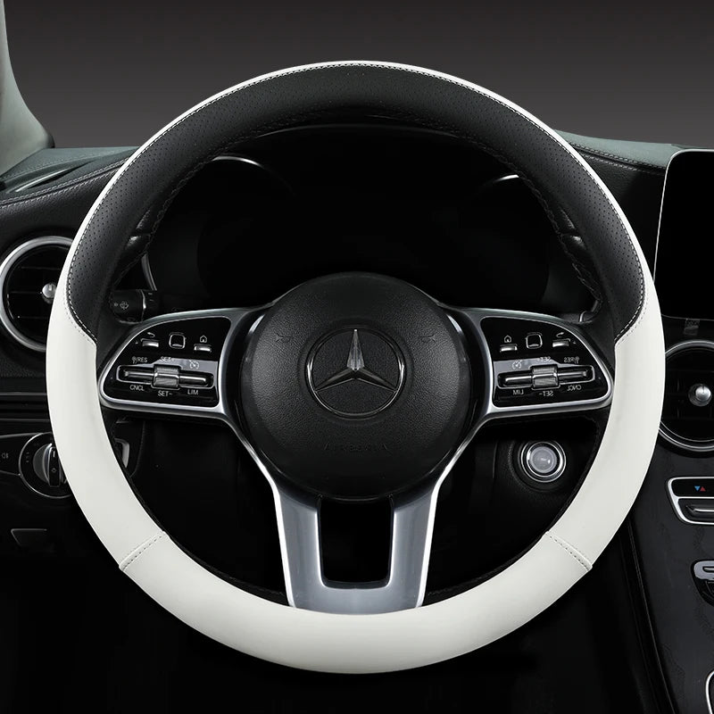 Perforated Nappa Leather Car Steering Wheel Cover Warm in Winter and Cool in Summer, Universal 15 Inch,  Anti-Slip, Odorless
