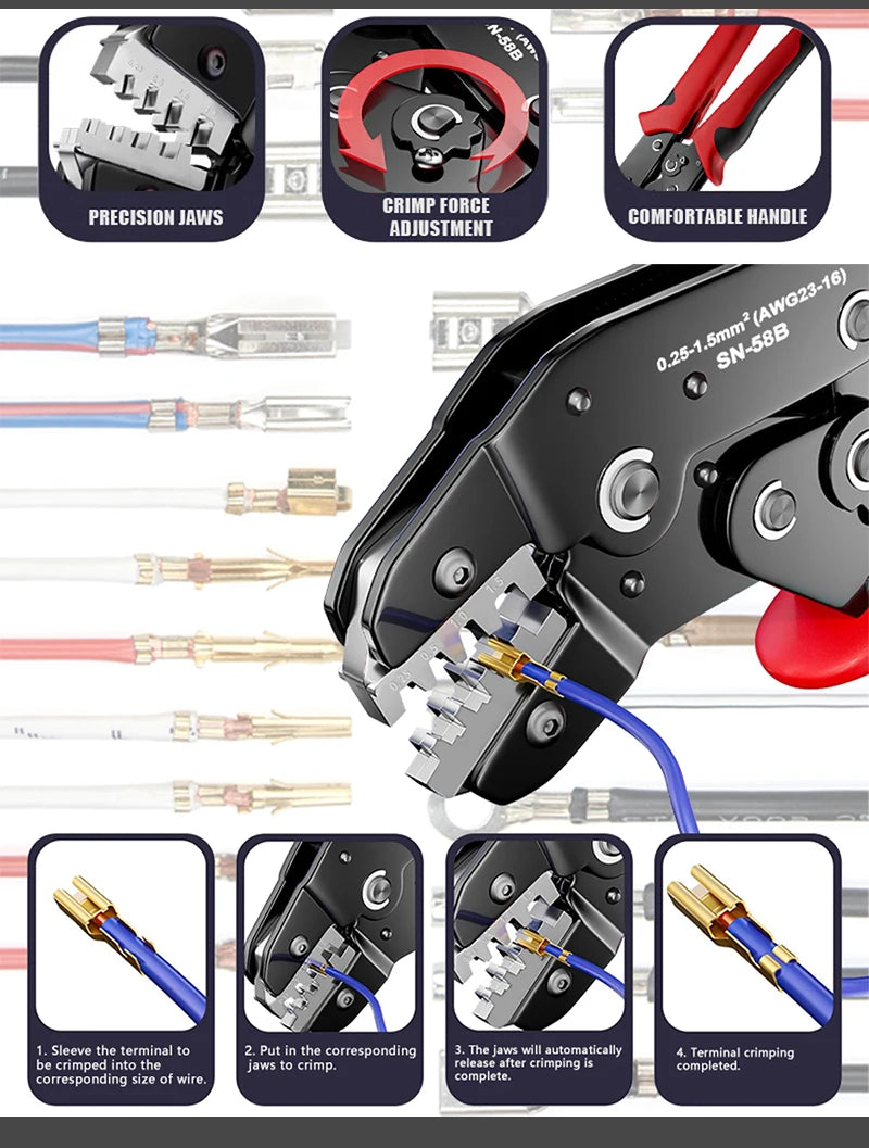 Non-insulated Open Barrel Crimping Tool SN-58B 23-16 AWG /0.25-1.5mm², Dupont Molex JST TE Terminals & EPC PCIE SATA Pins