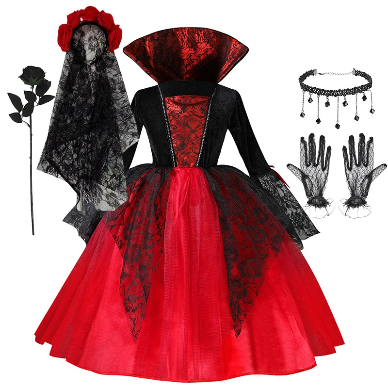 Fantasia de Vampira para Meninas (Halloween) – Vestido de Noiva Fantasma/Vampira – Traje para Festa de Carnaval e Estilo Gótico Escarlate