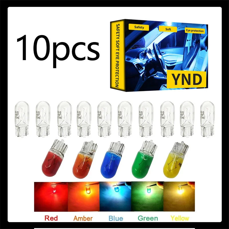10pcs Car T10 12V 194 168 W5W 3W/5W Wedge Warm White Bule Red Yellow Green Amber Halogen Bulb Replacement Dashboard Bulb Light