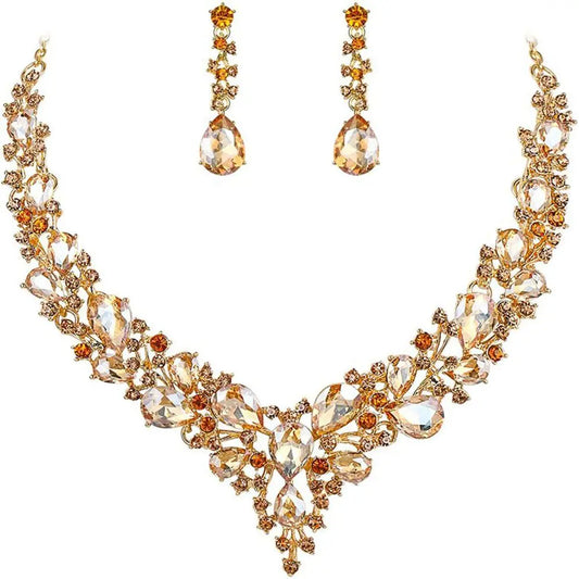 1Set Women Jewelry Party Wedding Bridal Austrian Crystal Teardrop Cluster Statement Necklace Dangle Earrings Gifts For Her