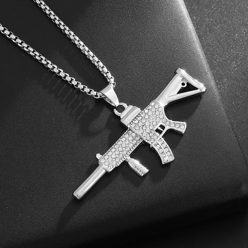 Collar con colgante de circón con incrustaciones de rifle de asalto punk M416 para hombre, estilo hip hop rock, joyería moderna, regalo para niño 