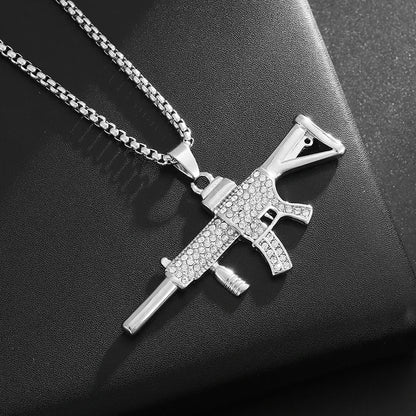 Collar con colgante de circón con incrustaciones de rifle de asalto punk M416 para hombre, estilo hip hop rock, joyería moderna, regalo para niño 