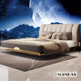 MINGDIBAO Cama Suspendida Moderna De Cuero Genuino con Luz Sensor, Estructura De Cama Doble Rectángulo con Acero Inoxidable, Camas Nórdicas