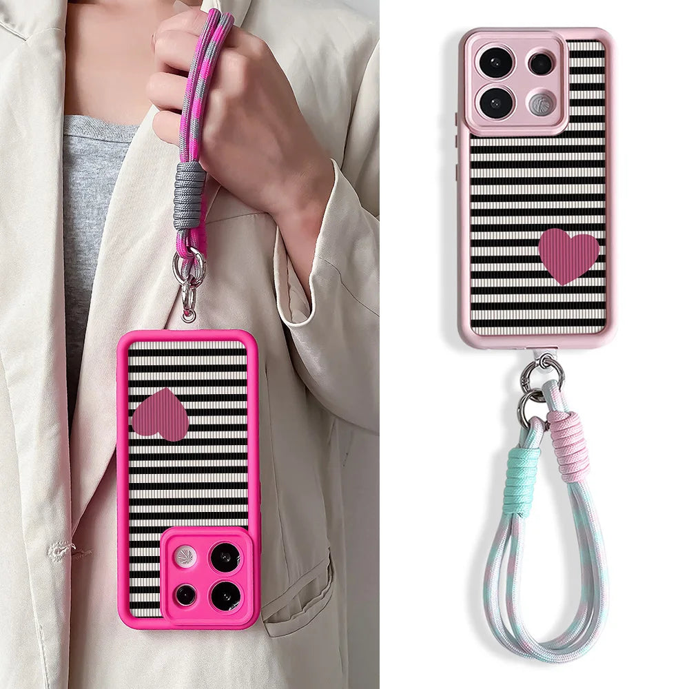 Phone Case For Xiaomi 14T 13T 15 Pro Poco X7 f6 m6 Redmi 14C Note 14 Pro Plus Stripe Love Heart Wrist Chain Strap Lanyard Cover