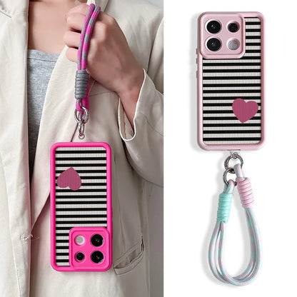 Phone Case For Xiaomi 14T 13T 15 Pro Poco X7 f6 m6 Redmi 14C Note 14 Pro Plus Stripe Love Heart Wrist Chain Strap Lanyard Cover