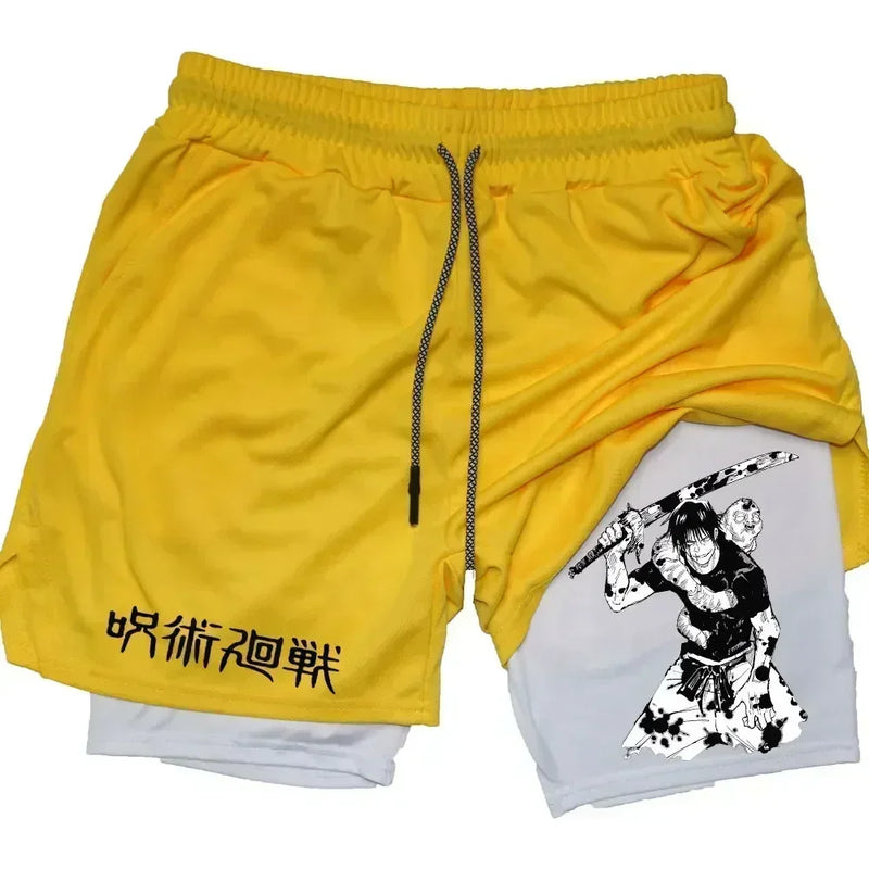 Men's Sports Shorts Anime Performance Shorts Printed Men GYM Casual Sport Compression Shorts Workout Running Mesh 2 in 1 Shorts