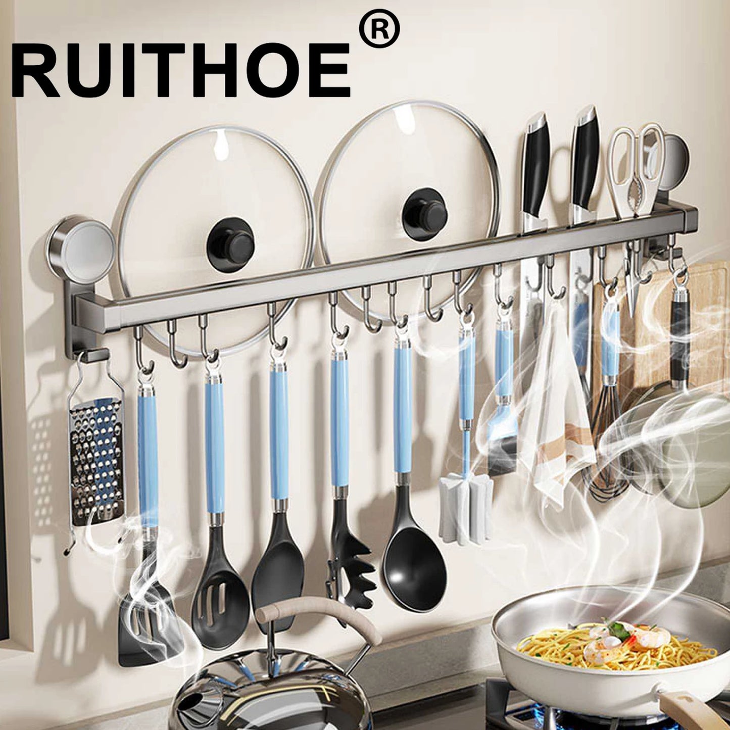 Perchero de cocina de pared con ganchos, sin necesidad de perforar, para colgar utensilios de cocina, cucharas, palas y tablas de cortar.