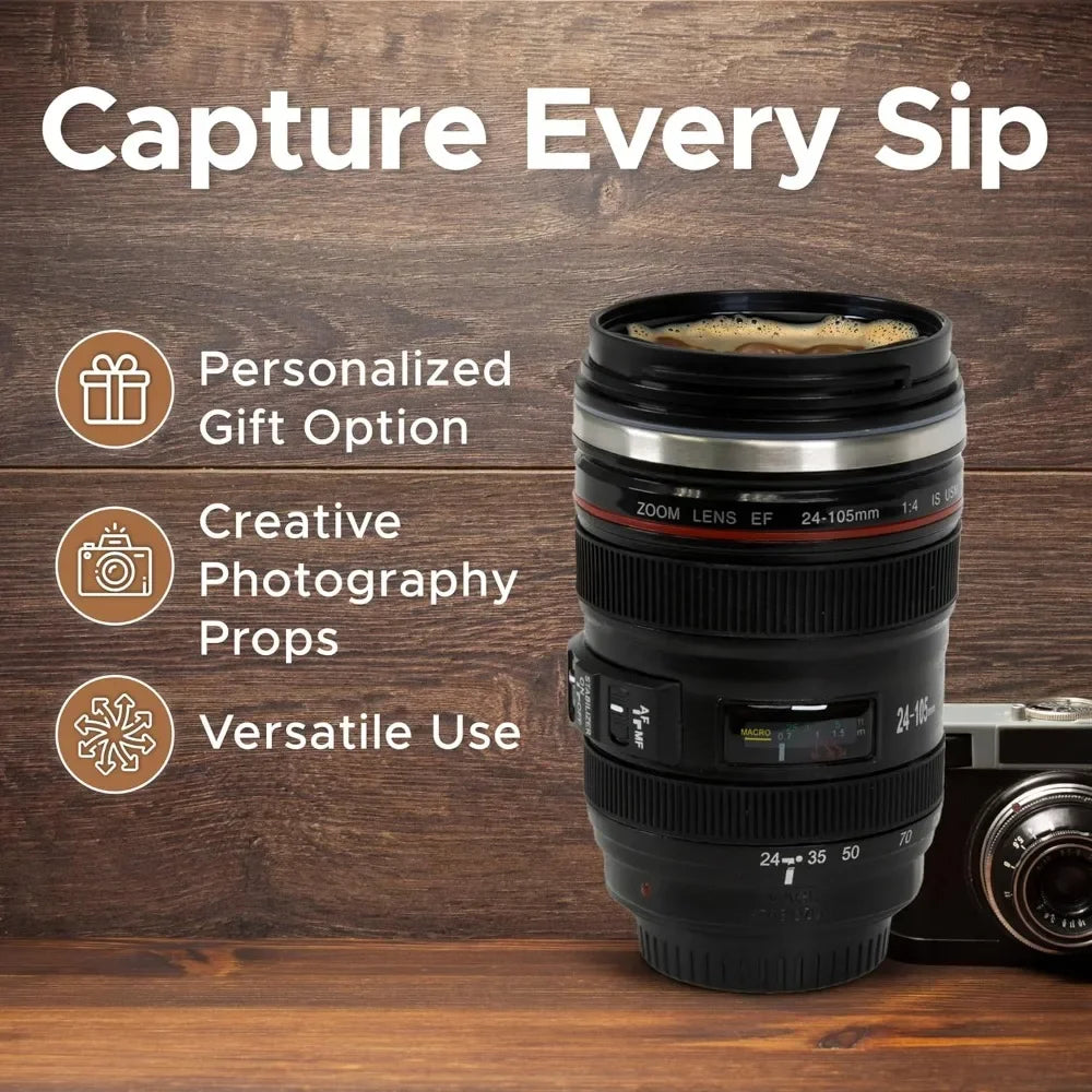 1pc SLR Camera Lens Cup Camera Lens Model Stainless Steel Casual Cup with Lid Coffee Mug White Black Coffee Mugs Creative Gift