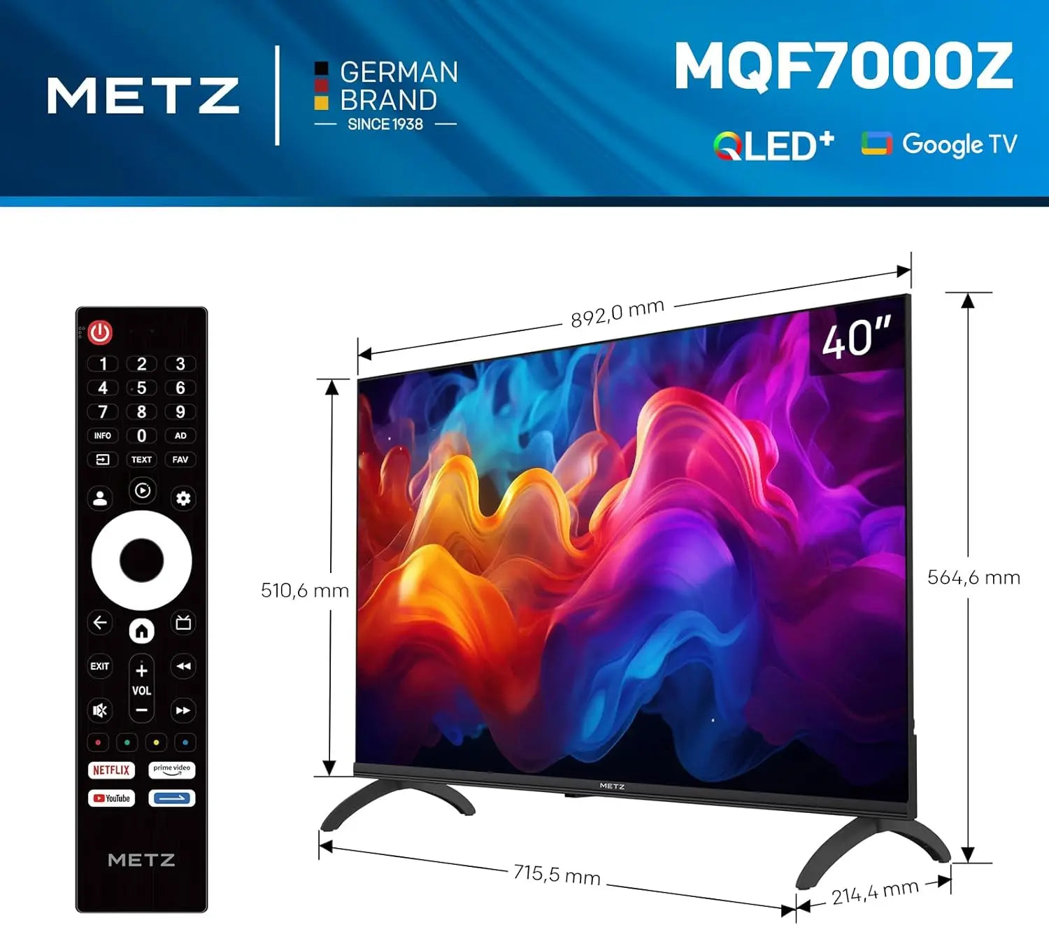 Metz QLED TV 32 "40" Inch Smart LED Television Google Tele HDR 10 Dolby Audio Bluetooth 5.1 EyeCare Tuner 2025 32MQF7030Z