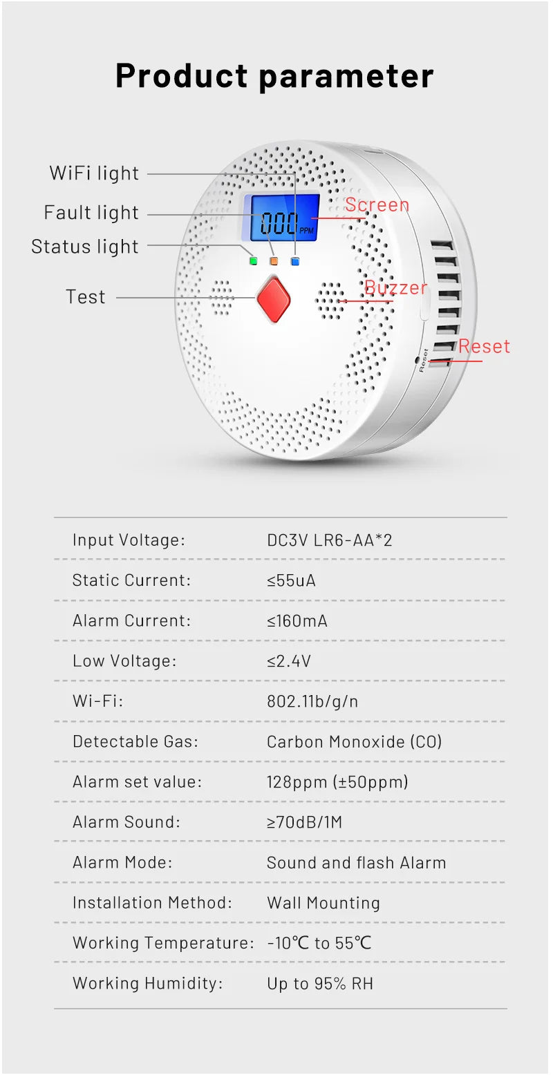 Tuya WiFi Smart Carbon Monoxide Detector Alarm 85dB Sound Warning LCD Digital Display Home Indoor Real-Time CO Monitor Poisoning
