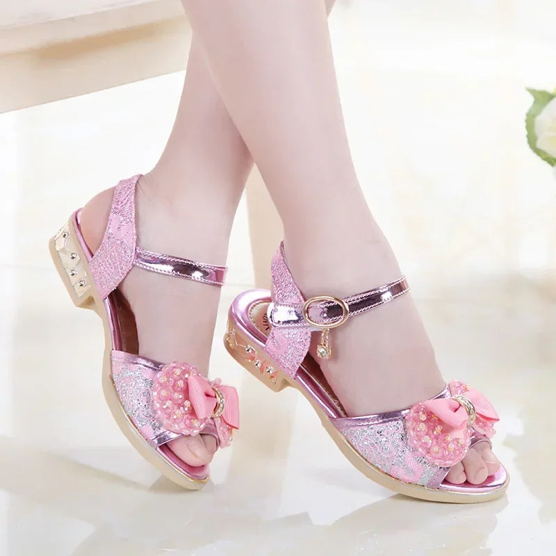 Girls Princess Shoes Summer Children High Heels Open-toe Party Wedding Toddler Sandals Non-slip Kids Casual Sequins Beach Shoes