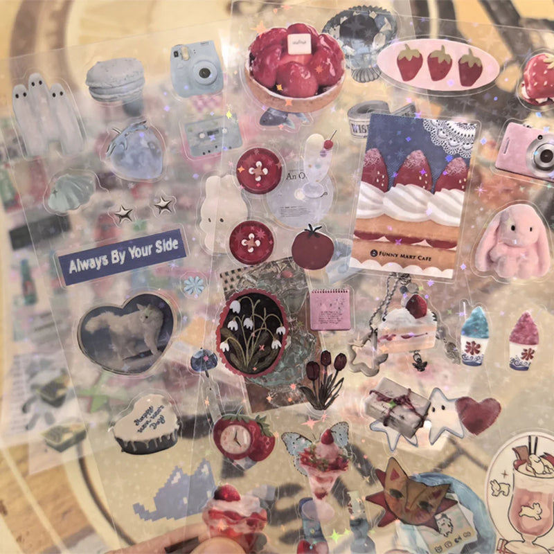 6pcs Glitter Stickers Y2K DIY Toploader Scrapbooking Journal Decor Stickers for Phone Kawaii Transparent PET Stickers Gift