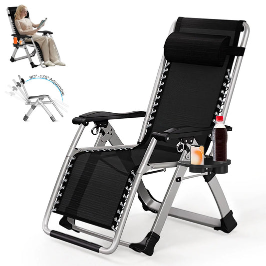 Outdoor Garden Sunloungers Folding Chair with Cup Holder and Headrest Pillow Lounge Chair Folding Patio Recliner Support 150kg