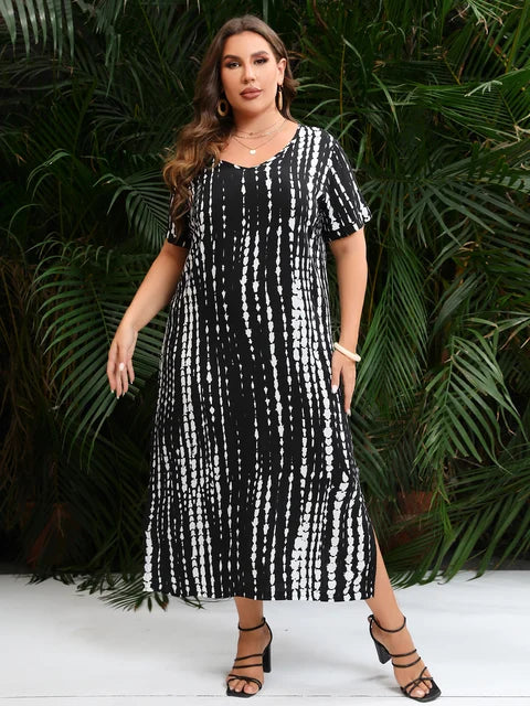 Vestido largo informal holgado de verano con cuello en V, manga corta y estampado de rayas negras, talla grande, para mujer 2024 