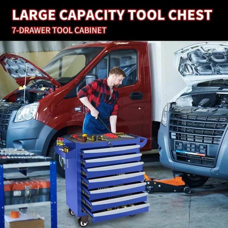 2025 New Blue 7-Layer Metal Toolbox with Key Locking System & Wheels - Durable, Multi-Functional Storage Cart