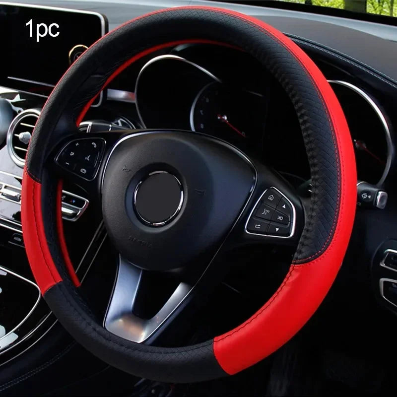 38cm Steering Wheel Cover PU Leather Anti Slip Steer Wheel Protector Breathable Fiber Braid Universal Steering Cover