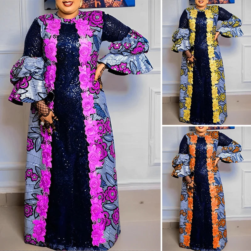 Plus Size VONDA Bohemian Women Flared Long Sleeve Maxi Dress Casual Vestidos Round Neck Loose Print Sundress Ruffles Long Robes