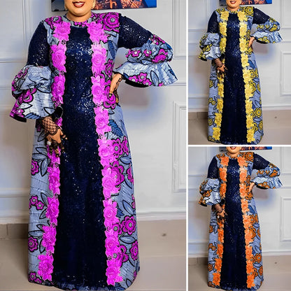 Plus Size VONDA Bohemian Women Flared Long Sleeve Maxi Dress Casual Vestidos Round Neck Loose Print Sundress Ruffles Long Robes