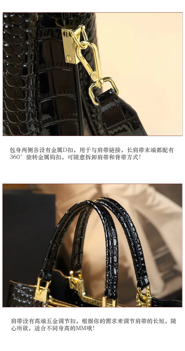 2023 New Luxury Crocodile Bag for Women Casual Tote High Qualtiy Patent Leather Shoulder Purses Elegant Dinner Noble Purse Black