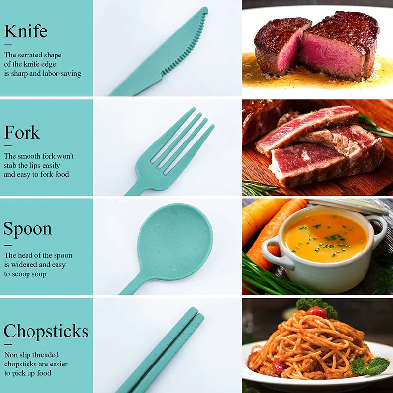 4Pcs Wheat Straw Dinnerware Set Portable Tableware Knife Fork Spoon Eco-Friendly Travel Cutlery Set Utensil Box Chopsticks Set
