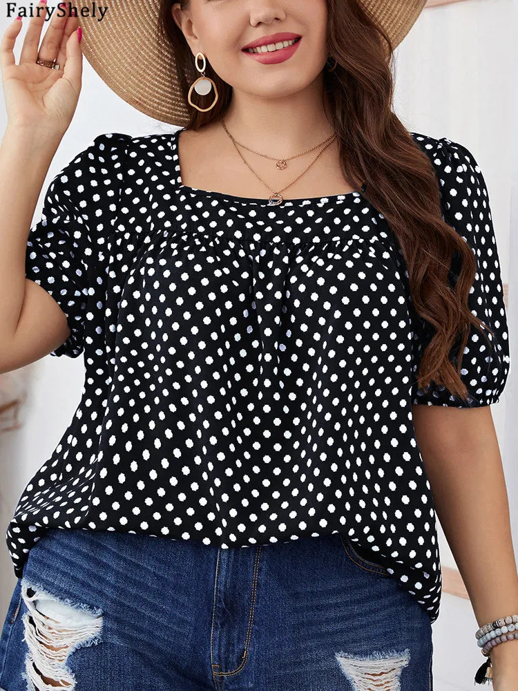 Fairyshely 2025 Summer Casual Print Plus Size Top Women Square Collar Loose Large T-shirt Lady Short Sleeve Elegant Curvy Tops