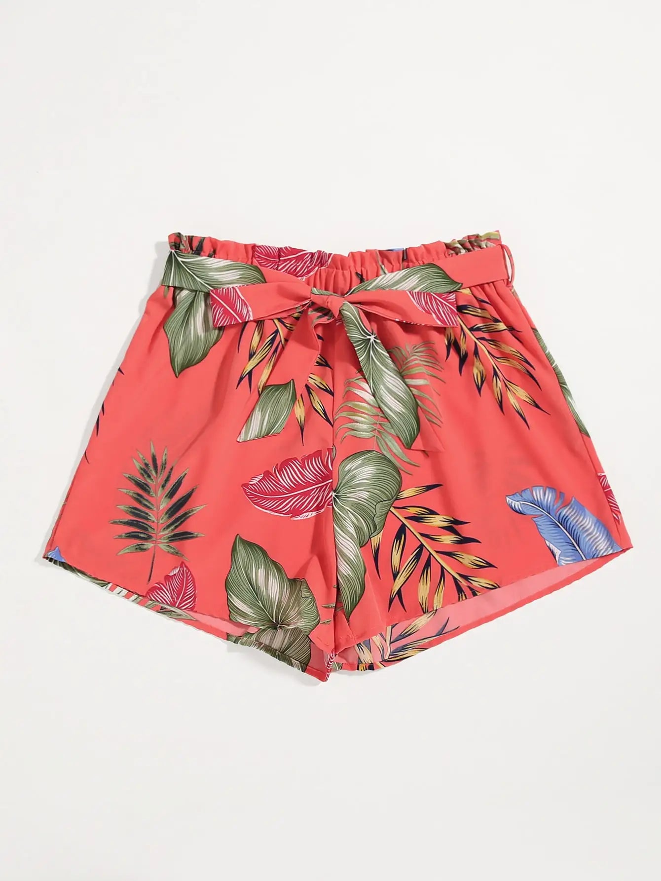 Women's Plus Size Tropical Leaf Print Paperbag Waist Shorts, Tie Belt Loose Wide Leg Chiffon Vacation Beach Casual Shorts