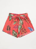 Women's Plus Size Tropical Leaf Print Paperbag Waist Shorts, Tie Belt Loose Wide Leg Chiffon Vacation Beach Casual Shorts