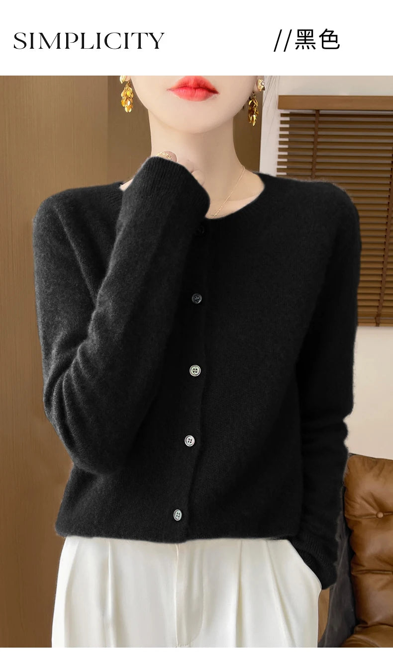 100% Merino Wool Long Sleeve Sweaters Cashmere Cardigan Spring Autumn Women O-Neck Knitwear Tops Clothing Fashion Basic Tops