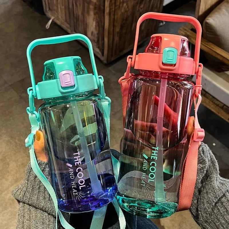 2000ml High Quality Sport Water Bottle With Straw Gym Fitness Outdoor Camping Cycling Hiking Drinking Plastic Bottles With Strap