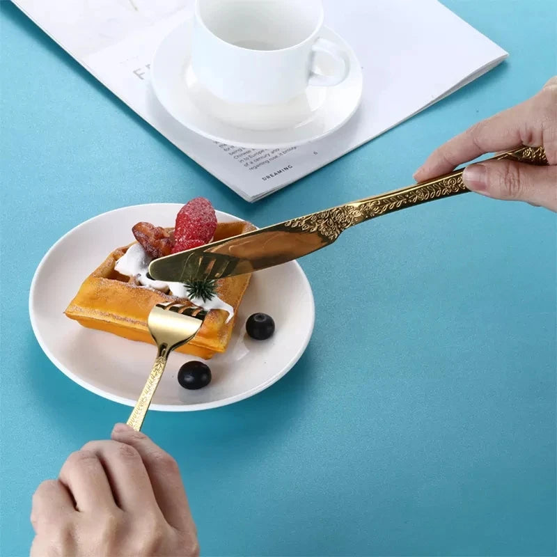 Juego de cubiertos de alta calidad con mango tallado exquisito, vajilla dorada de acero inoxidable, cuchillo, tenedor, cuchara, juego de cubiertos