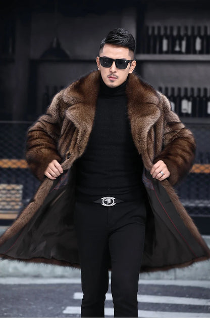 Abrigo largo de piel de visón cálido de invierno para hombre, chaqueta gruesa, cortavientos informal holgado