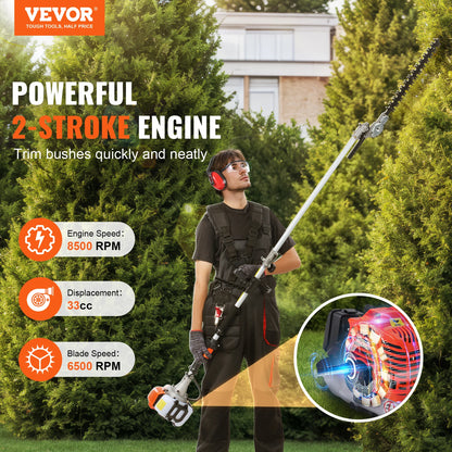 VEVOR 33CC 6-in-1 Multi-Functional Trimming Tool Gas Hedge Trimmer/Weed Eater/Brush Cutter/Pole Chainsaw Pruner w/Extension Pole