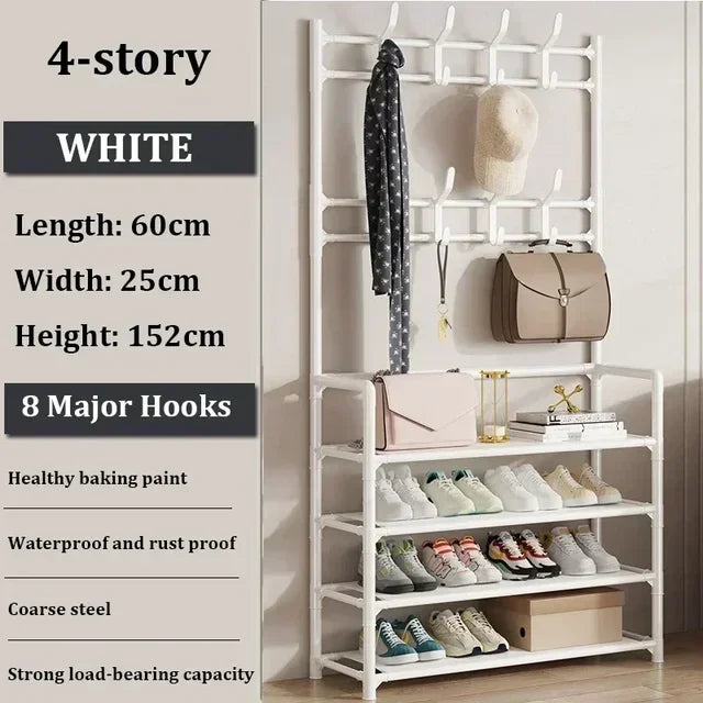 Zapatero de múltiples capas para el hogar, perchero integrado para abrigos y sombreros, puerta para zapatos, estante multifuncional simple
