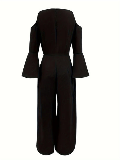 Mono elegante de mujer con escote en V liso y lentejuelas, pierna ancha y mangas acampanadas sueltas