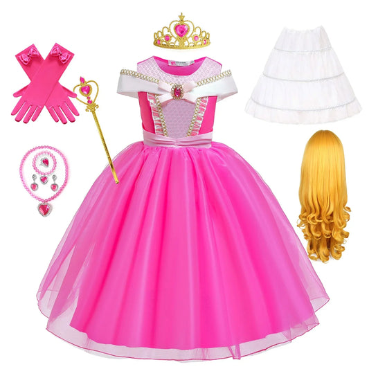 Girl Pink Dress Aurora Cosplay Costume Princess Deluxe Outfit Children Summer Brthday Party Elegant Gown Fairy Disguise Sets