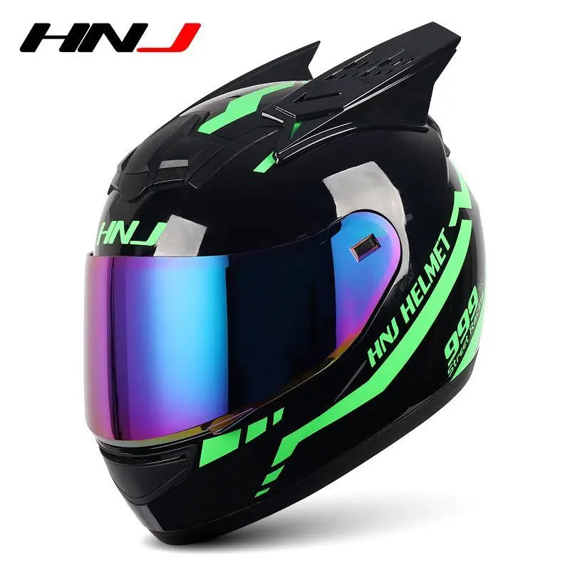 HNJ Men Motorcycle Helmet Women Full Face Helmet Riding Personality Horn Pink Helmet DOT Certification Motorcycle Helmet