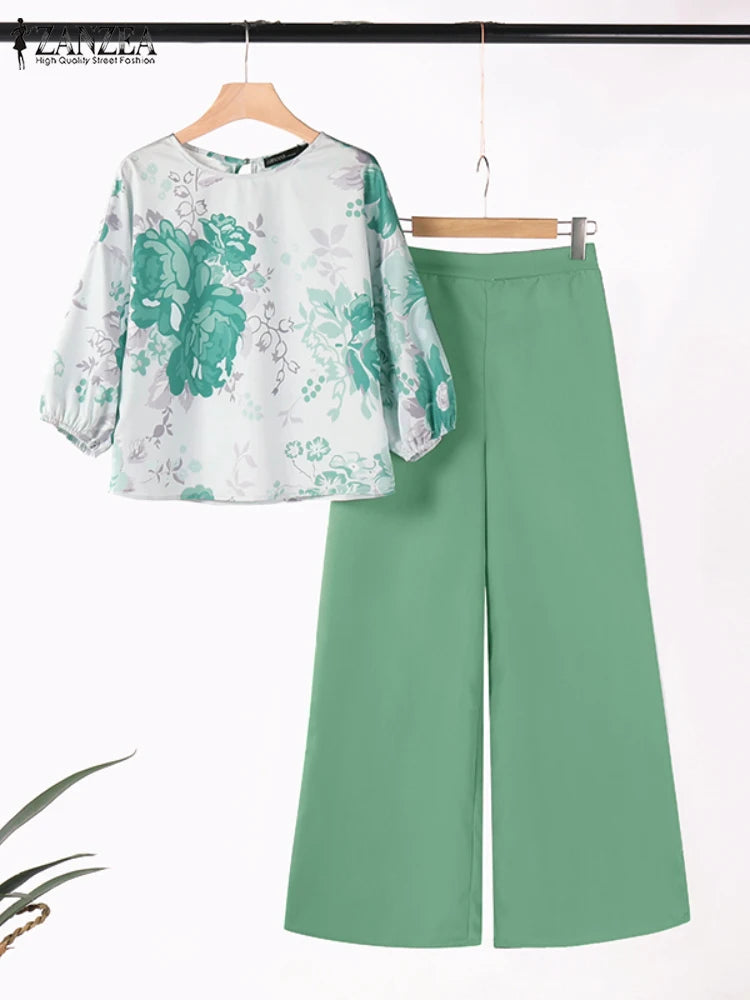 ZANZEA - Conjunto de 2 piezas de chándal para mujer, pantalones de primavera, blusa de manga 3/4, pantalones de pierna ancha, traje informal, conjunto estampado a juego