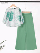 2PCS Fashion Women Tracksuits ZANZEA Spring Pant Sets 3/4 Sleeve Blouse Wide Leg Trousers Suit Casual Outfit Print Matching Set