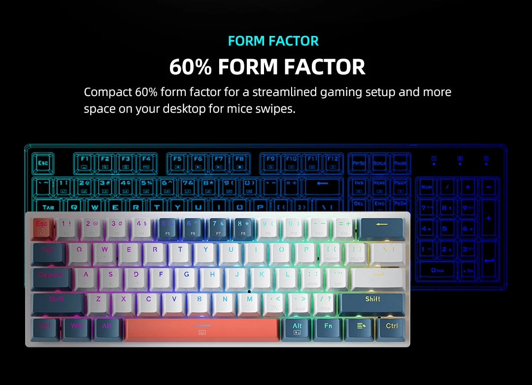 Mini teclado mecánico Machenike K500-B61 con factor de forma del 60%, 61 teclas, teclado para juegos con cable, teclas completas, retroiluminación RGB intercambiable en caliente