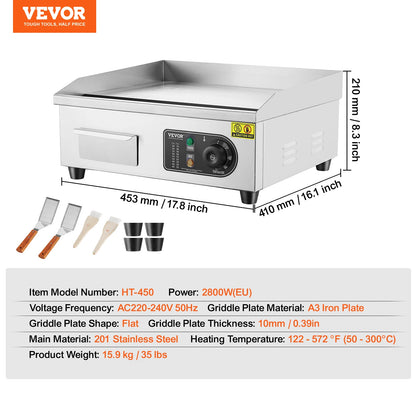 VEVOR Electric Countertop Griddle 14"-22" Teppanyaki Grill 1600W/3200W Stainless Steel Flat Top Grills for Pancake Chicken