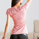 Camisa feminina de manga curta esportiva e fitness, pulôver com gola redonda, camiseta de malha respirável de secagem rápida para ioga e fitness