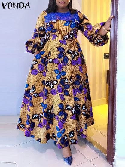 Plus Size VONDA Women Bohemian Maxi Dresses 2024 Casual Floral Printed Sundress Lace Patchwork Round Neck Elegant Robe Vestido