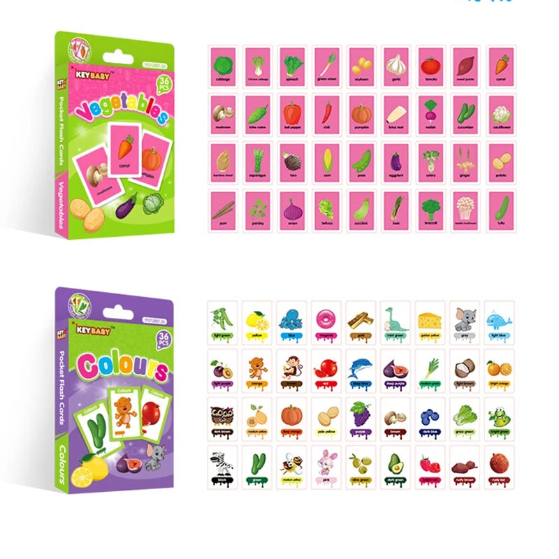 36pcs Children Cognition Cards Animal Color Fruits Double Side Flashcards Montessori Baby Kids Early Educational Toys Gifts