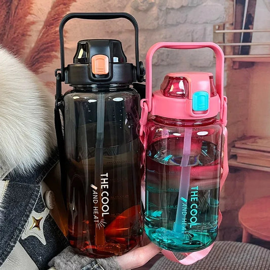 2000ml High Quality Sport Water Bottle With Straw Gym Fitness Outdoor Camping Cycling Hiking Drinking Plastic Bottles With Strap